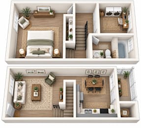 A top-down view of a two-bedroom apartment with a living room, kitchen, and bathroom.