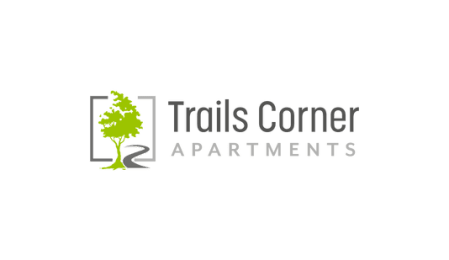 a green logo with a tree and the words trails corner apartments