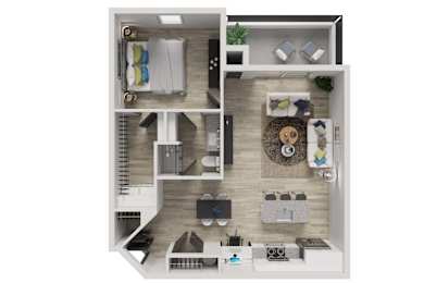 Floor Plan  A 3D floor plan of a small apartment with a kitchen, living room, and bedroom.