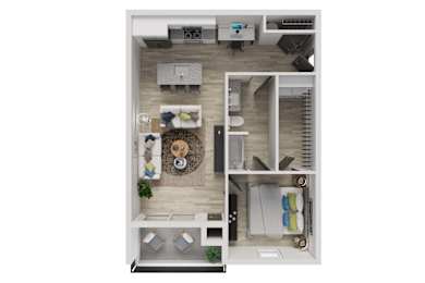 Floor Plan  A top-down view of a small apartment with a kitchen, living room, and bedroom.