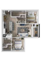 Floor Plan  A 3D floor plan of a house showing a kitchen, living room, and bathroom.