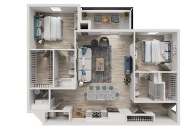 Floor Plan  A 3D floor plan of a small apartment with a bedroom, living room, and kitchen.