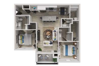 Floor Plan  A 3D floor plan of a small apartment with a kitchen, living room, and bedrooms.