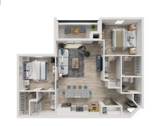 Floor Plan  A 3D floor plan of a small apartment with a kitchen, living room, and bedroom.