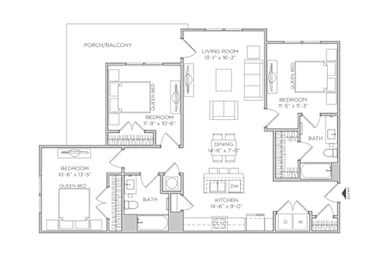 Alder 3 bed 2 bath Floor Plan at Waterleaf at Neely Ferry Apartments, Simpsonville, South Carolina