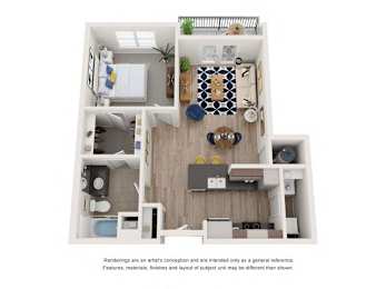 A1C_1b1b_734sqft_3D Floor Plan at Hudson at Renaissance Apartments, Wilmington, NC
