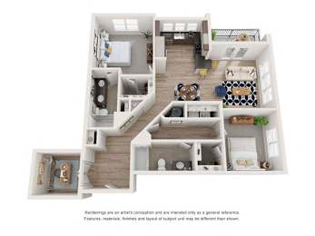 B2E_2b2b_1261sqft_3D Floor Plan at Hudson at Renaissance Apartments, North Carolina