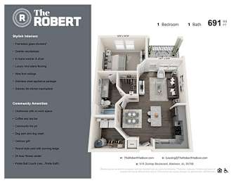 1B Floor Plan at The Robert Apartments, Madison