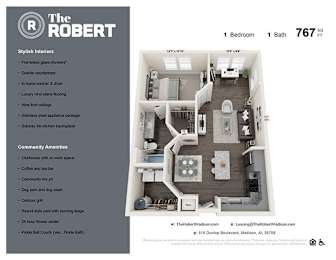 1 Bedroom Floor Plan at The Robert Apartments, Madison, 35758