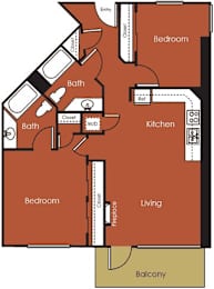 A diagram of a house layout with labeled rooms such as Bedroom, Bath, Kitchen, Living room, and Balcony.