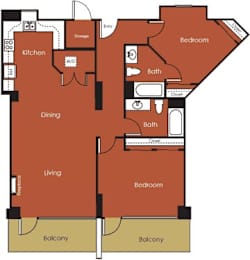 A floor plan of a house with two balconies, a kitchen, a dining area, two bathrooms, and three bedrooms.