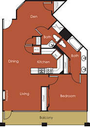 A floor plan of a house with a den, dining room, kitchen, living room, bedroom, and balcony.