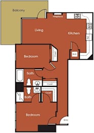 A floor plan of a house with a living room, kitchen, and three bedrooms.