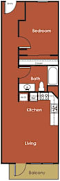 A floor plan of a house with a living room, kitchen, bathroom, and bedroom.