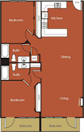 A floor plan of an apartment with two bedrooms, a living room, a kitchen, a dining area, a bathroom, and a balcony.