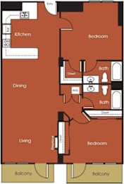 A floor plan of a house with a kitchen, dining area, living room, two bedrooms, two bathrooms, and two balconies.