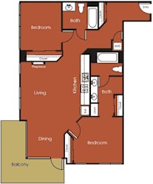 A floor plan of an apartment with a living room, dining room, kitchen, and two bedrooms.