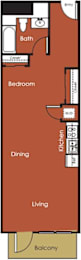 A floor plan of a living space showing a bedroom, bathroom, kitchen, dining area, and balcony.