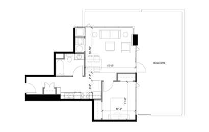 A black and white drawing of a house plan with a balcony.