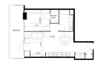 A black and white floor plan of a house with a balcony.