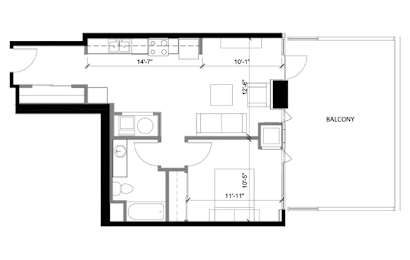 A floor plan of a house with a balcony.
