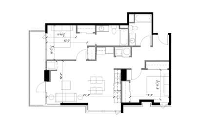 A black and white floor plan of a house with rooms labeled.