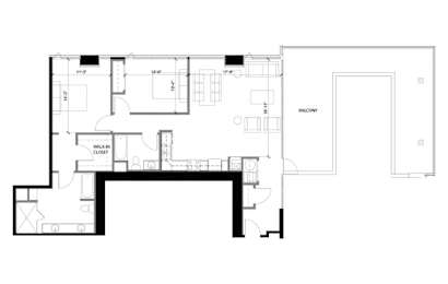 A black and white floor plan of a house with a walk-in closet and a balcony.