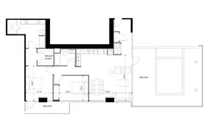 A black and white floor plan of a house with a balcony and a walk-in closet.