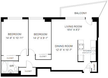 A black and white image of a floor plan for a home with a balcony, two bedrooms, a dining room, a living room, and a kitchen.