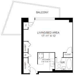 A black and white image of a floor plan for a living area, kitchen, and closet.