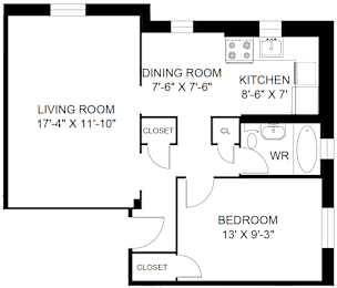 A floor plan of a house with a living room, dining room, kitchen, and bedroom.