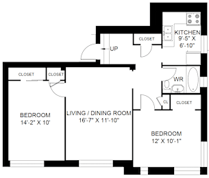 A black and white image of a floor plan for a home with three bedrooms, a living/dining room, a kitchen, and a workroom.