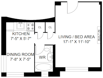 A floor plan of a living space with a kitchen, dining room, and living/bed area.