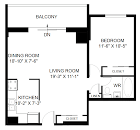 A black and white image of a floor plan for a house with a balcony, bedroom, dining room, living room, and kitchen.