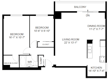 A black and white image of a house floor plan.