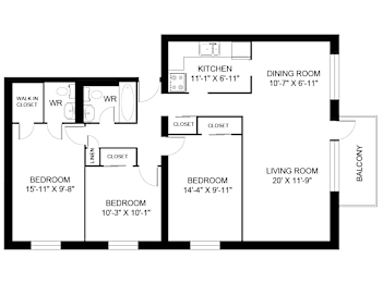A black and white image of a floor plan for a house with a living room, dining room, kitchen, and three bedrooms.