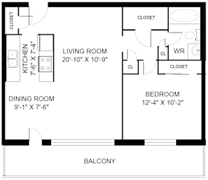 A black and white image of a floor plan for a small apartment.