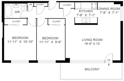 A floor plan of a living space with a kitchen, dining room, and two bedrooms.