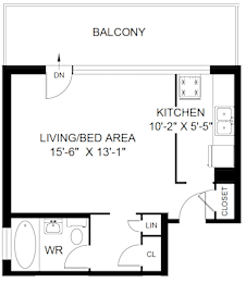 A black and white drawing of a house layout with a living/bed area and kitchen.