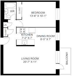 A black and white image of a floor plan for a bedroom, kitchen, dining room, living room, and balcony.