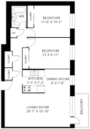A floor plan of a small apartment with a living room, two bedrooms, a kitchen and a dining room.