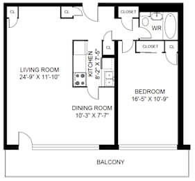 A black and white image of a floor plan for a living space.