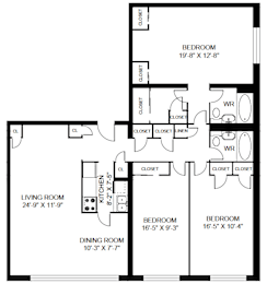 A black and white image of a floor plan for a home with a living room, dining room, kitchen, and three bedrooms.