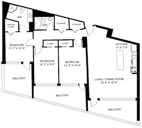 A black and white image of a floor plan for a home with four bedrooms, two bathrooms, a living room, a kitchen, a balcony, and a walk-in closet.