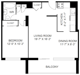 A black and white image of a floor plan for a living space.