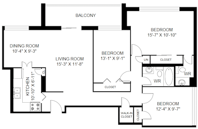 A floor plan of a home with a living room, dining room, kitchen, and three bedrooms.