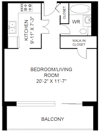 A black and white image of a floor plan for a bedroom/living room with a kitchen and walk-in closet.