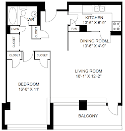 A black and white floor plan of a house with a kitchen, dining room, living room, bedroom, and balcony.