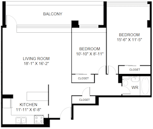 A black and white image of a floor plan for a home with a living room, kitchen, two bedrooms, and a balcony.