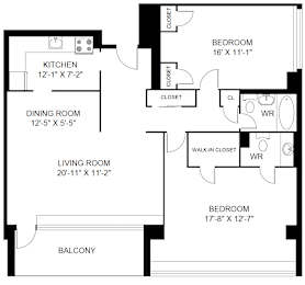 A black and white image of a floor plan for a home with a living room, dining room, kitchen, and two bedrooms.